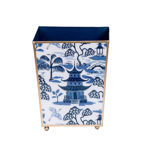 Kyoto Pagoda Blue & White Enameled Square Wastebasket