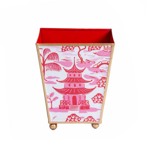 Kyoto Pagoda Red & White Enameled Square Cachepot