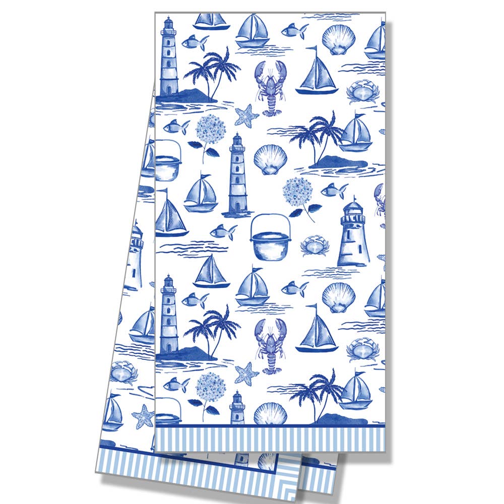 Blue Seaside Toile Tea Towel